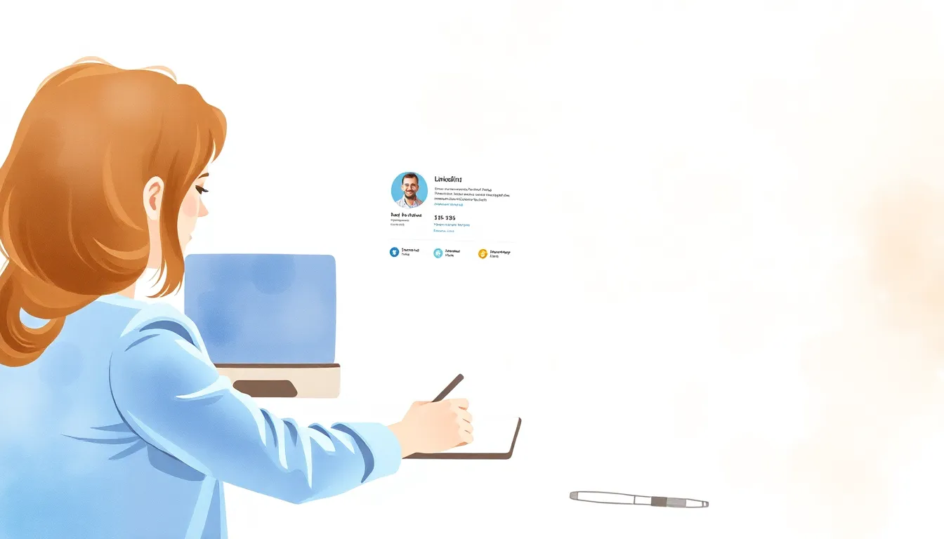 Professional seated at a desk editing LinkedIn profile on laptop