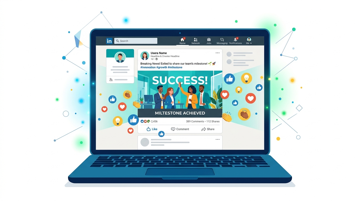 Laptop showing LinkedIn feed with image post getting lots of reactions