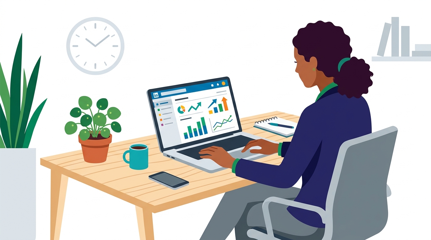 Professional checking LinkedIn insights on laptop at a workspace