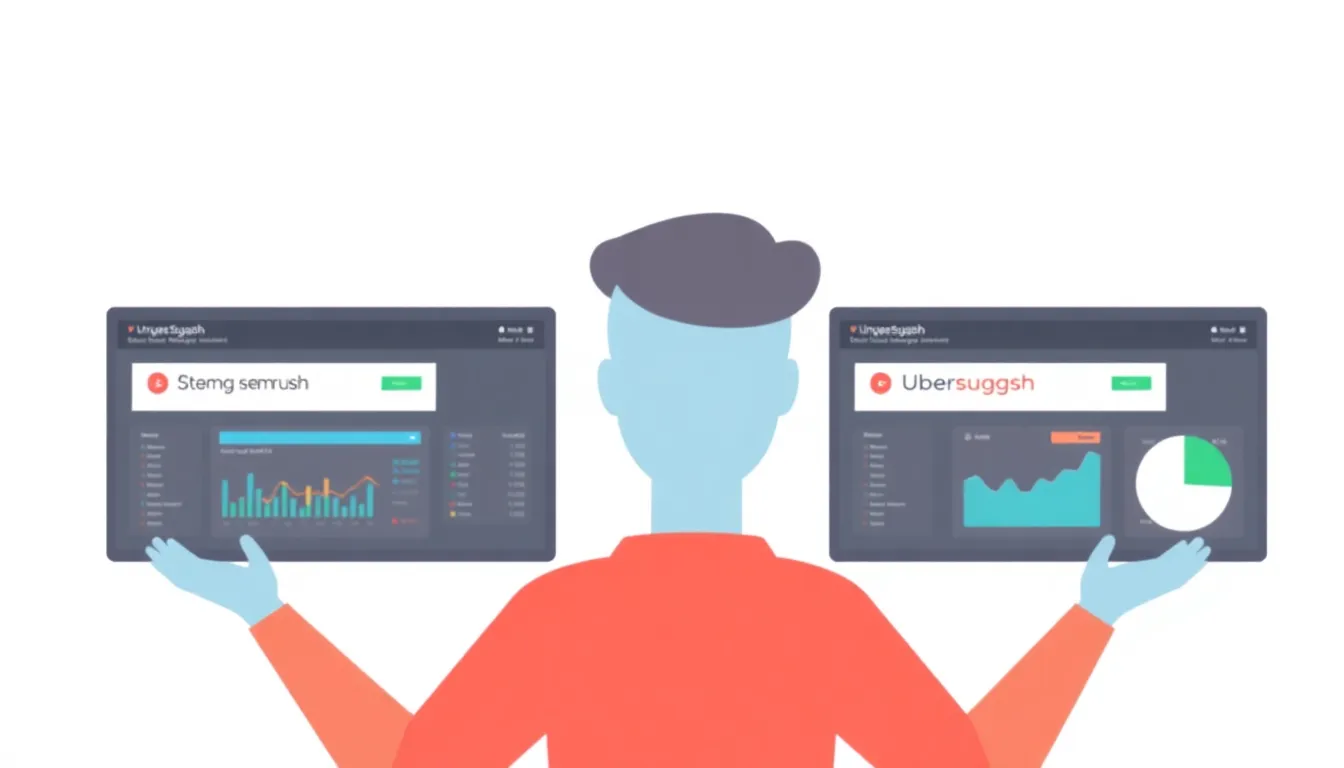 Person comparing Semrush, Ahrefs, and Ubersuggest dashboards on a dual monitor setup
