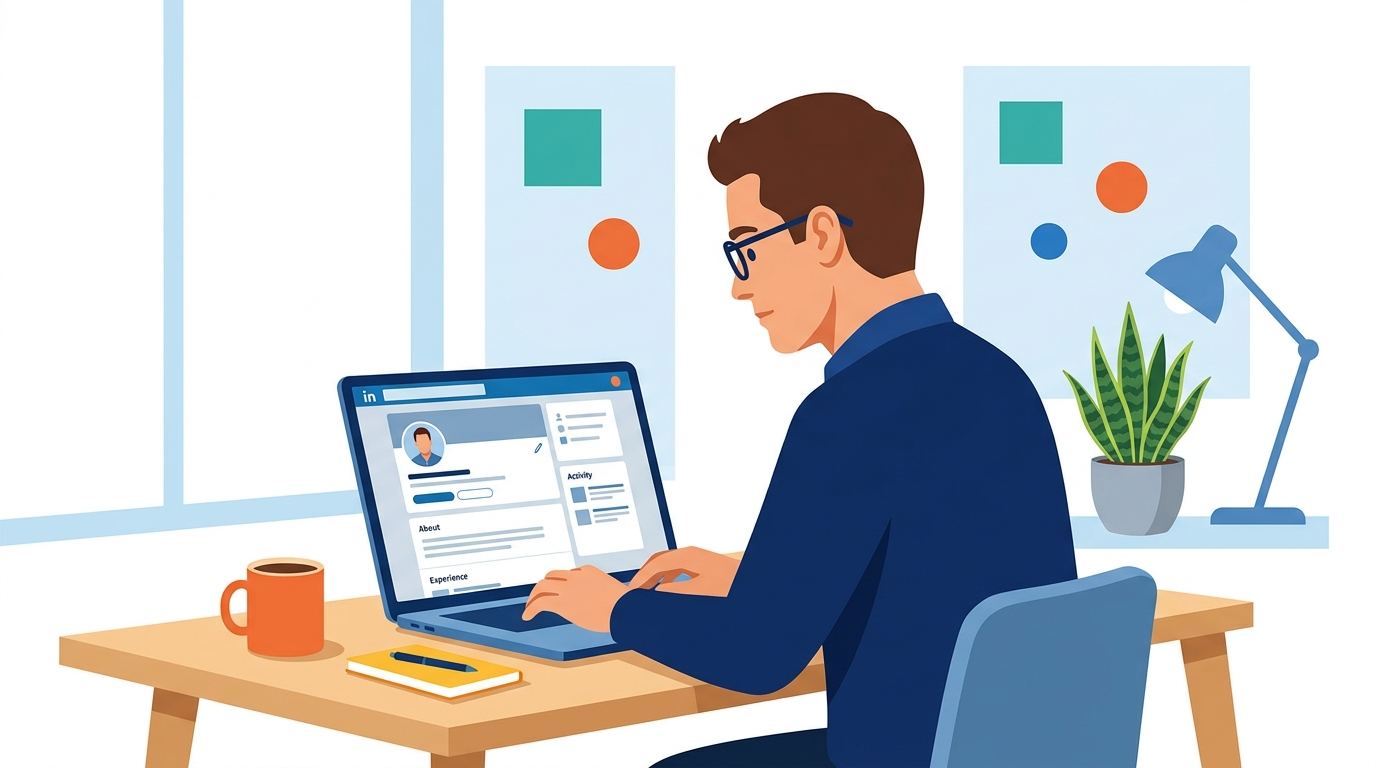 Man reviewing LinkedIn profile on laptop at a modern workspace