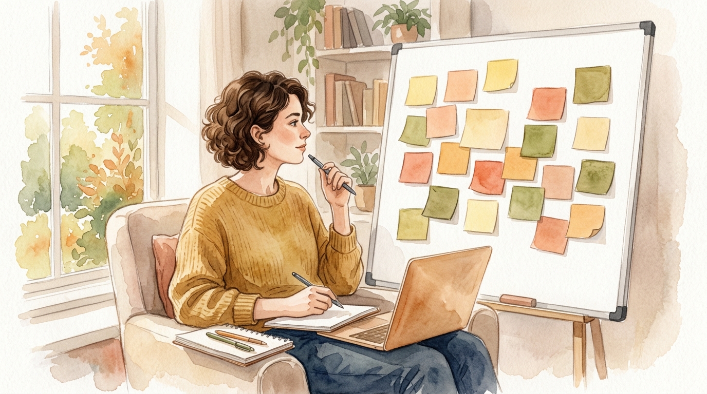 Person brainstorming keyword ideas with sticky notes and laptop