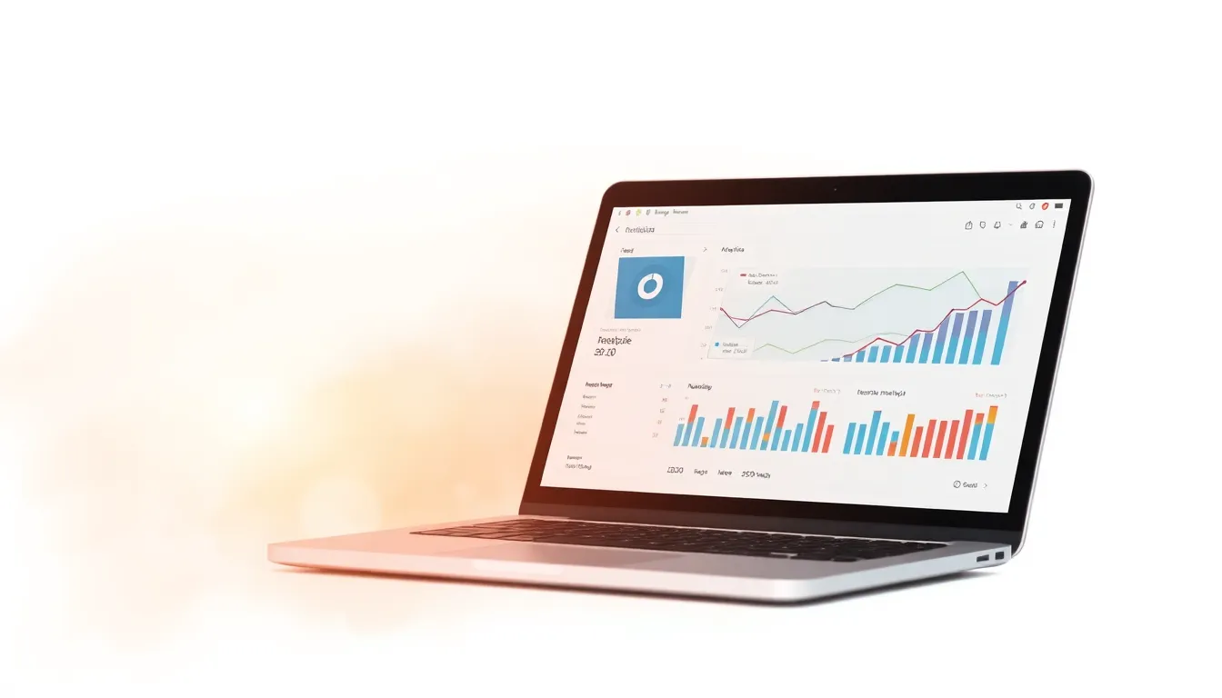 Laptop showing SEO dashboard with traffic analytics and keyword rankings