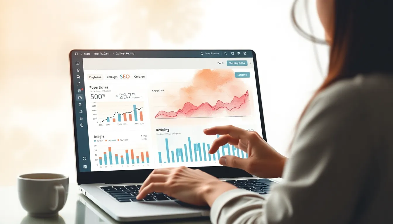 Person analyzing website performance on free SEO dashboard with charts and keyword list