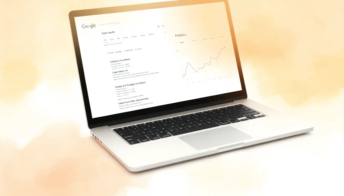 Laptop showing Google search results with analytics dashboard overlay