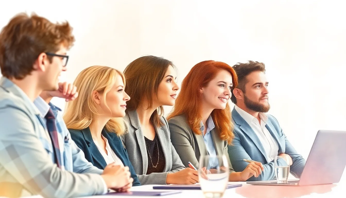 Professionnels de différents horizons assistants à un séminaire en présentiel avec un formateur devant un écran