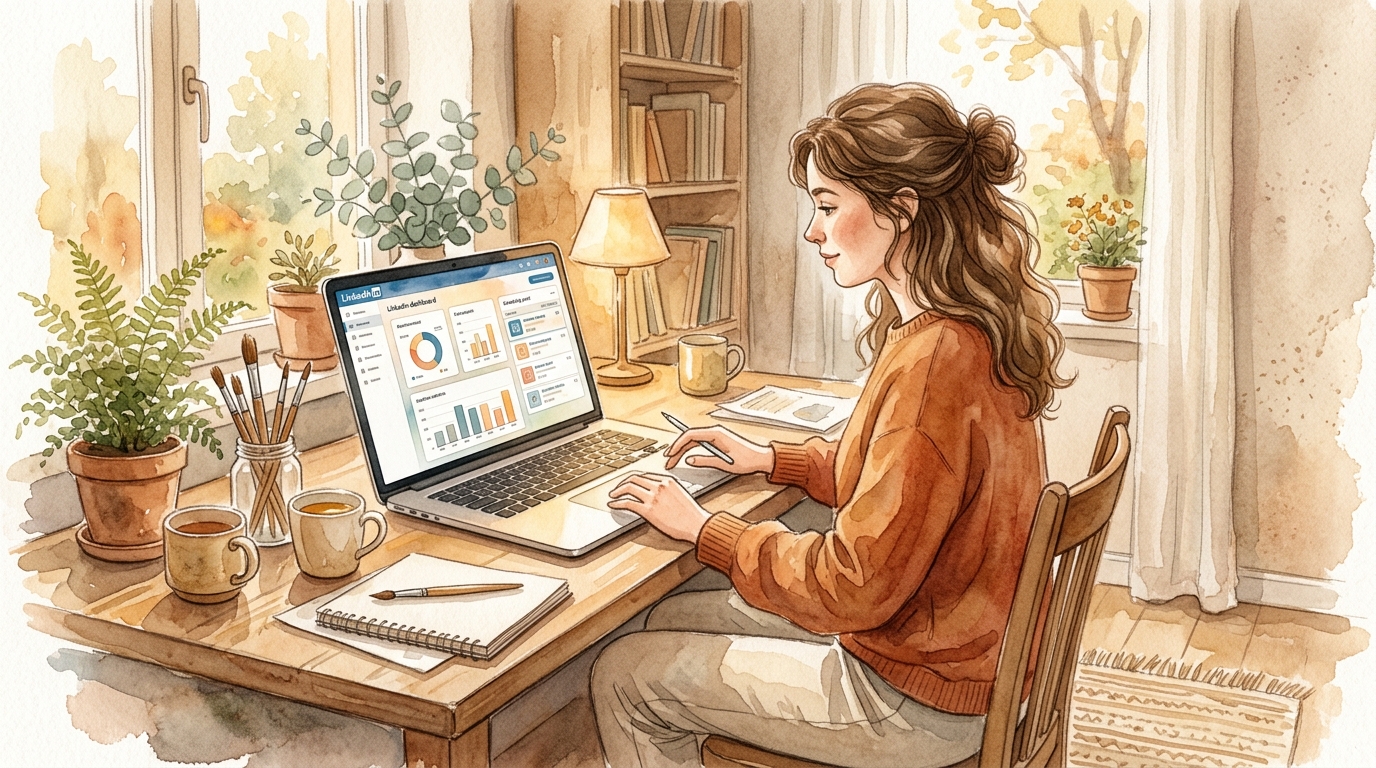Person scheduling posts on LinkedIn with analytics dashboard open