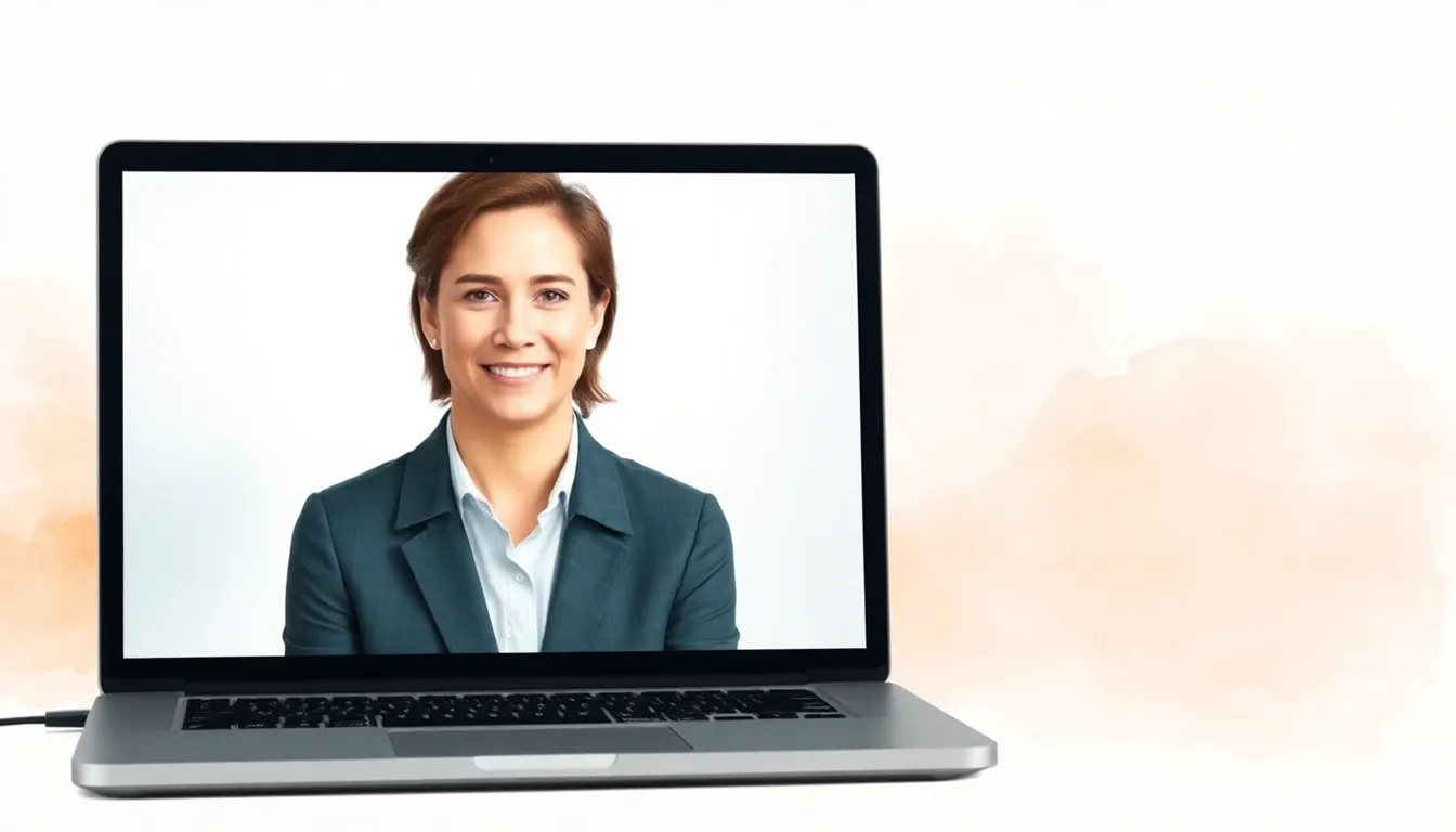 Professional headshot alongside a laptop screen displaying a LinkedIn profile