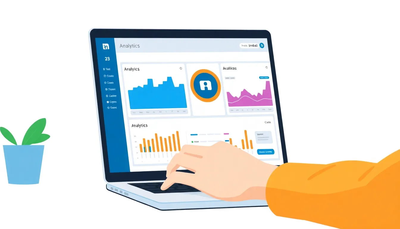 Person working on laptop with LinkedIn analytics dashboard on screen