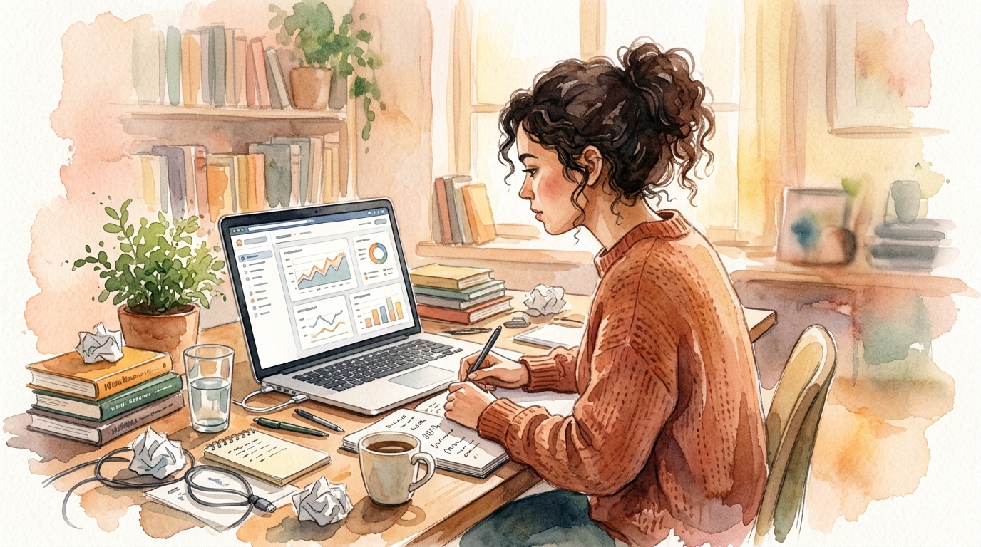 Person reviewing technical SEO dashboard on laptop at messy desk