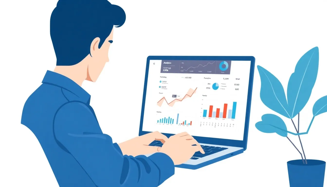 Person analyzing an analytics dashboard on a laptop, surrounded by notepads and coffee