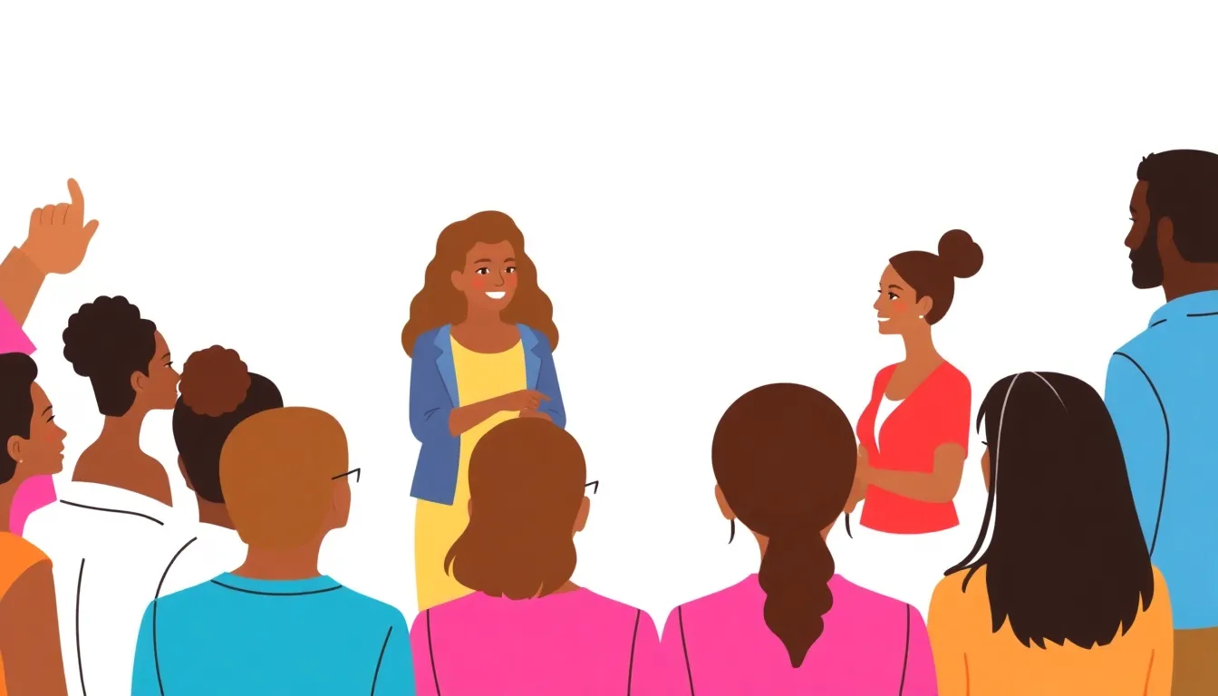 Femme animatrice de formation devant un groupe multiculturel en salle de réunion
