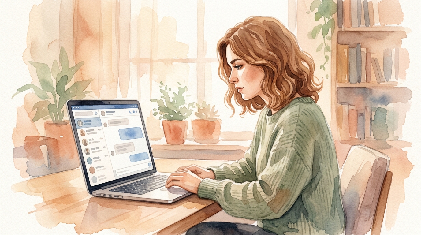 Professional staring at laptop with LinkedIn messaging window open, looking stressed