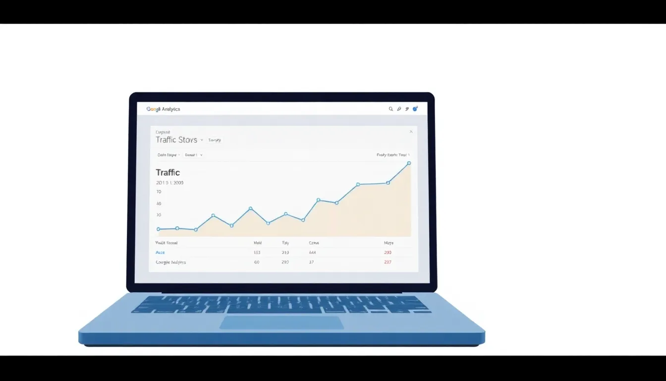 Laptop showing Google Analytics dashboard with traffic growth chart