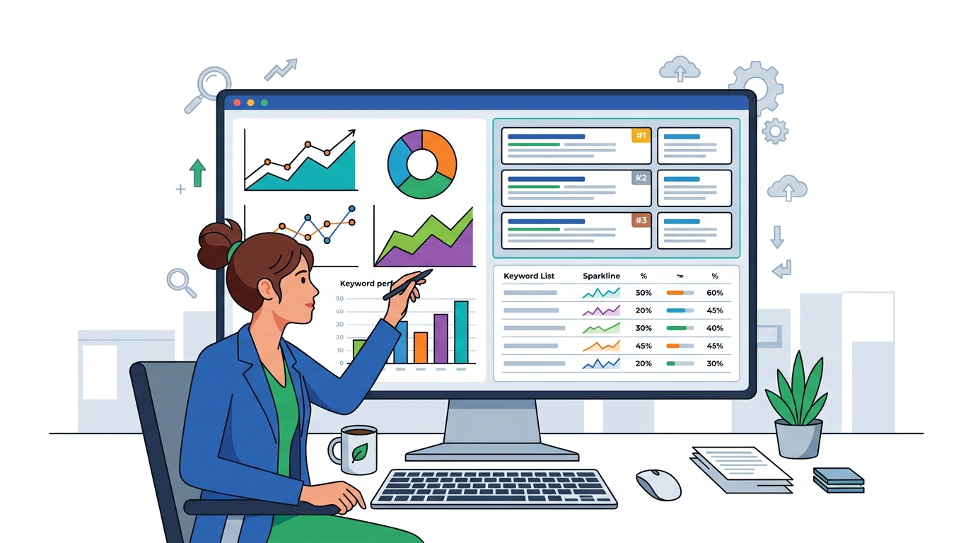 Marketer analyzing SERP dashboard with charts and keyword data on screen
