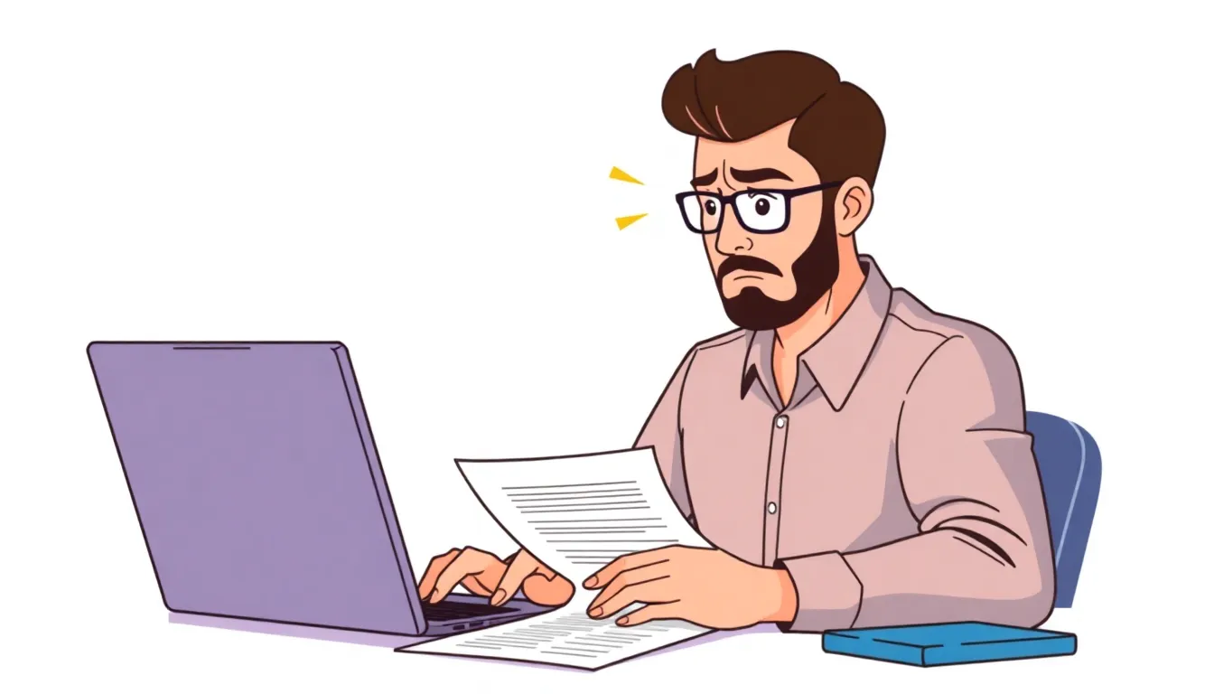 Frustrated job seeker reviewing resume at laptop in modern workspace