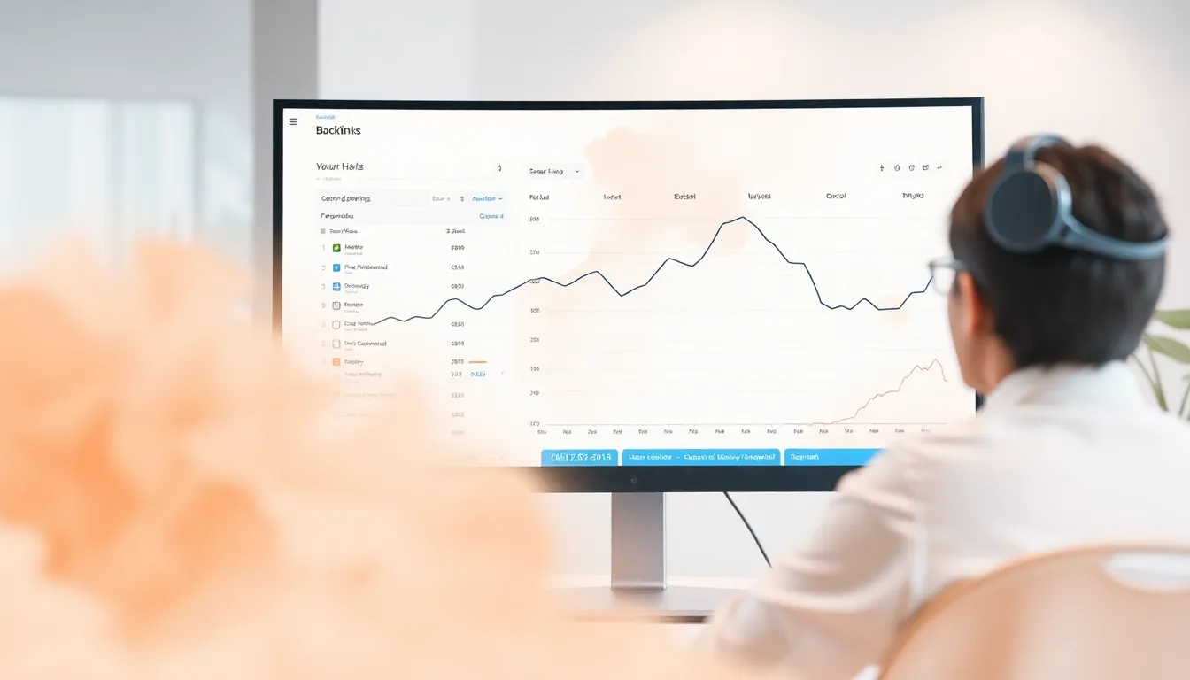 Person analyzing backlink profile on large monitor at office desk