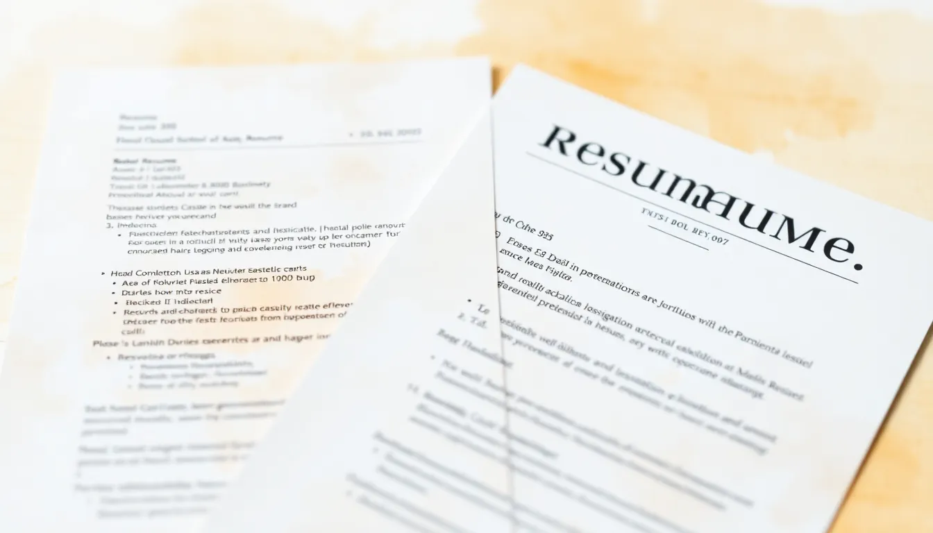 Close-up of two resumes laid out side by side on a desk, one with a skills section highlighted, another with a traditional employment timeline