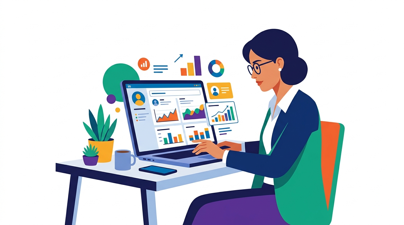 Professional reviewing LinkedIn analytics dashboard on laptop