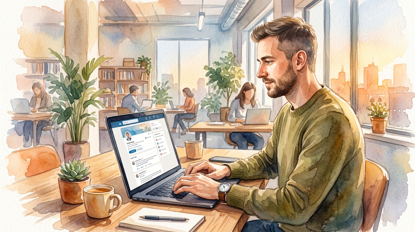 Man in modern office typing on laptop with LinkedIn page on screen