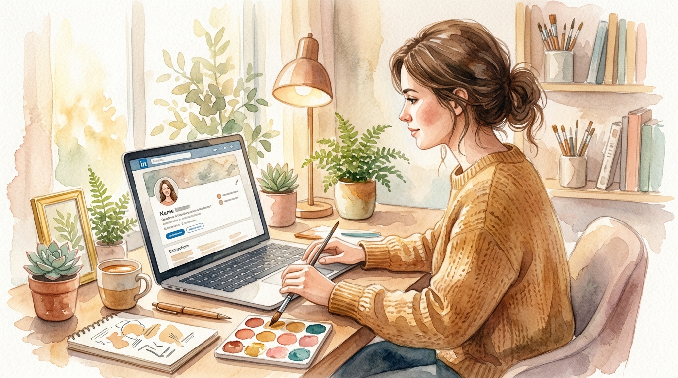 Professional at a desk reviewing LinkedIn profile on laptop with notes and coffee