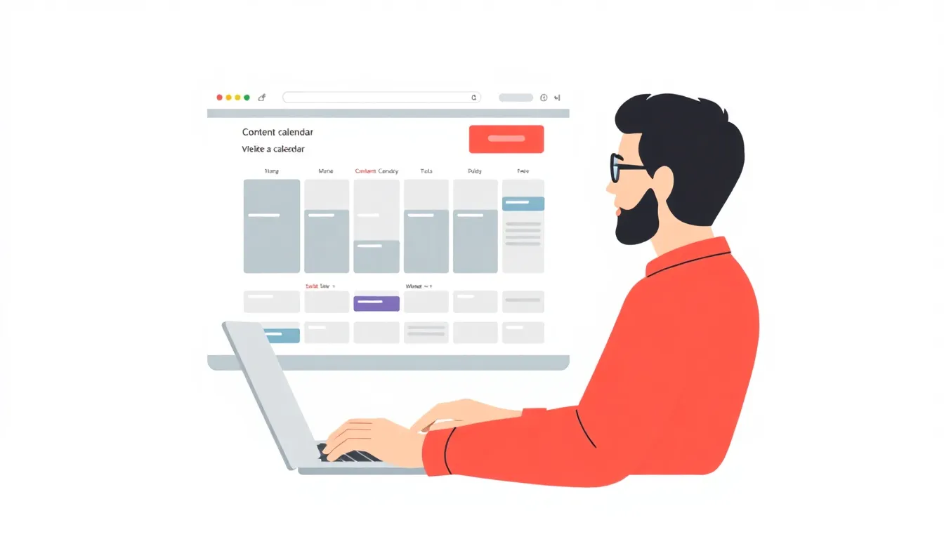 Marketer reviewing a content calendar on a laptop screen with color-coded tasks
