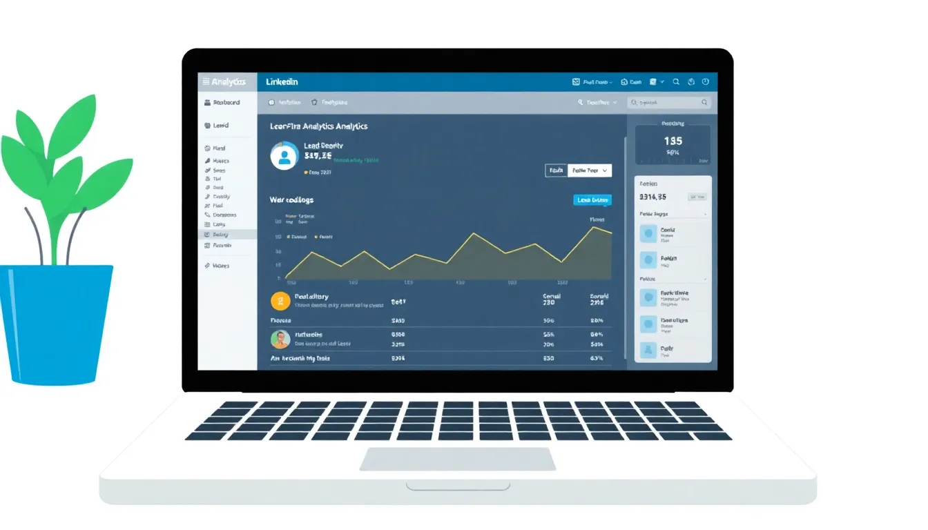 Laptop showing LinkedIn analytics dashboard with lead metrics visible