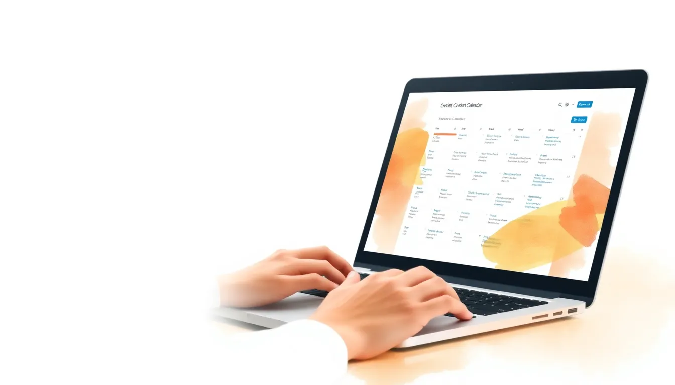 Person reviewing a LinkedIn content calendar on a laptop with post-it notes