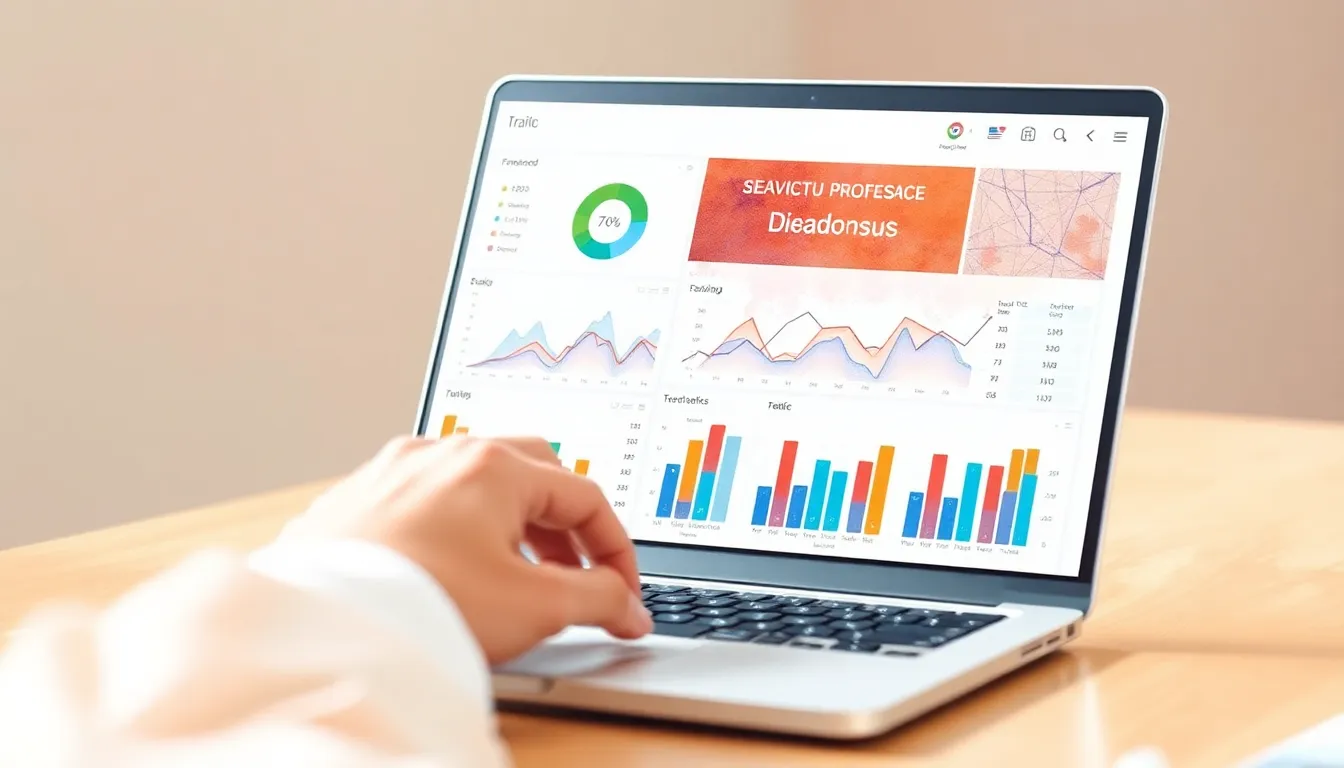 Person analyzing SEO dashboard on laptop with traffic charts visible