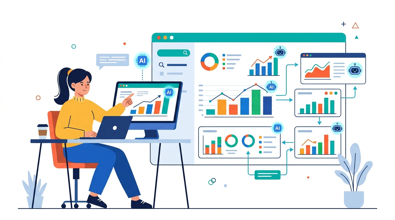 Marketer reviewing SEO analytics dashboard with AI-powered suggestions on screen