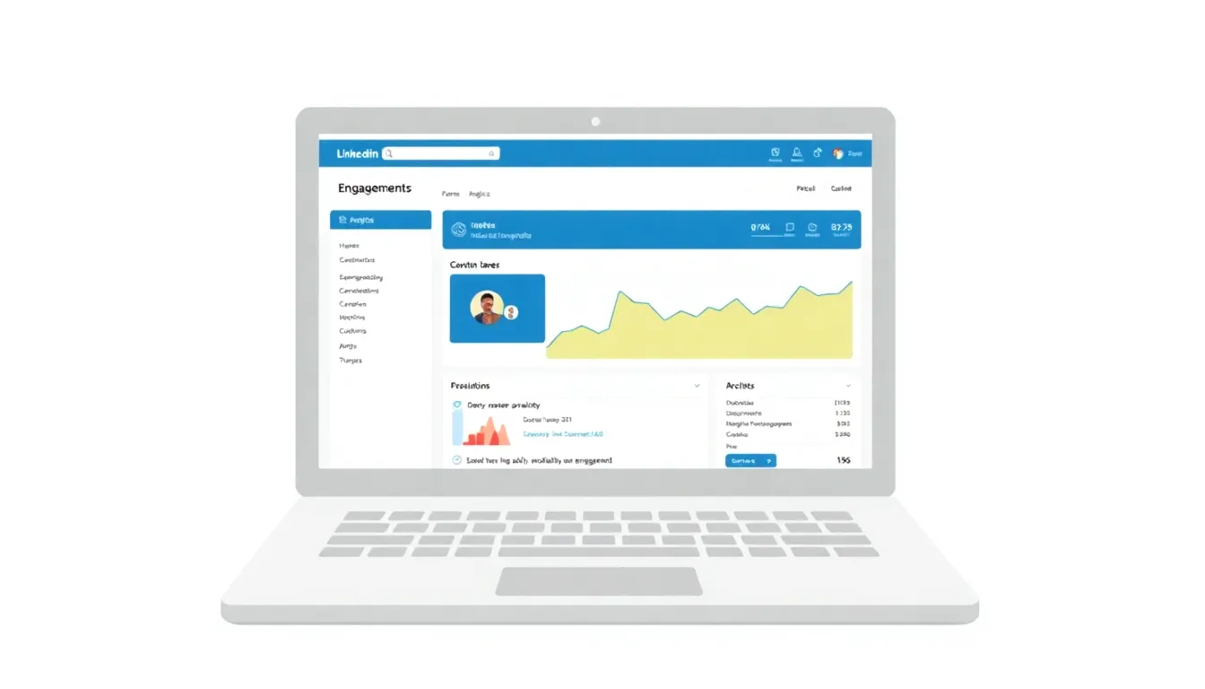 Laptop showing LinkedIn dashboard with engagement analytics
