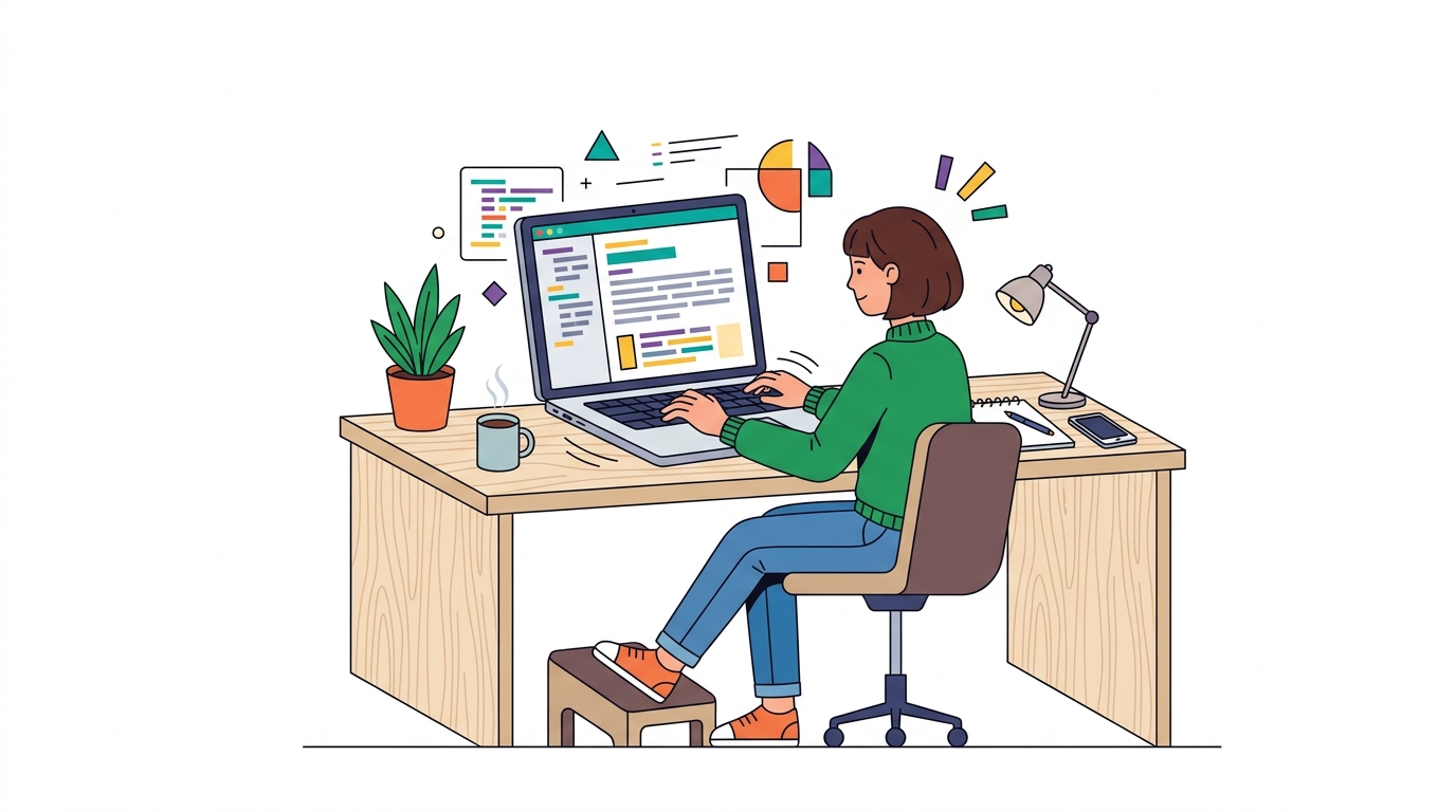 Person typing on laptop with AI-generated text displayed on screen