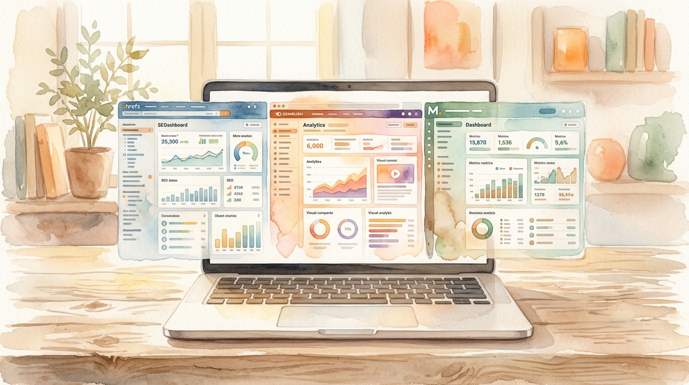 Laptop showing side-by-side dashboards of Ahrefs, Semrush, Moz, and Surfer SEO