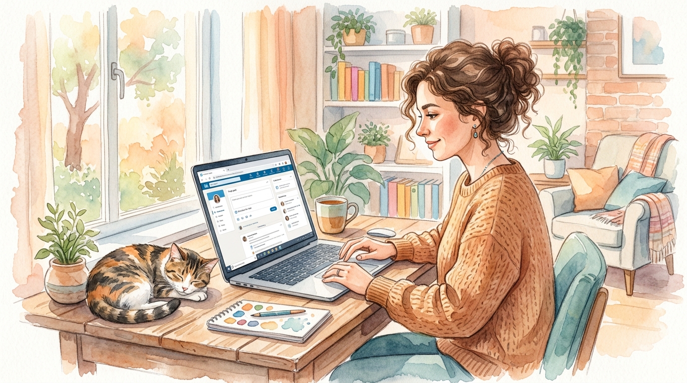 Woman scheduling a LinkedIn post on laptop with a visible calendar interface