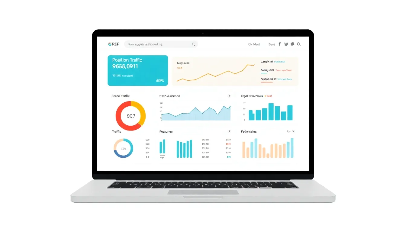 Laptop showing a SERP dashboard with position, traffic, and feature icons visible