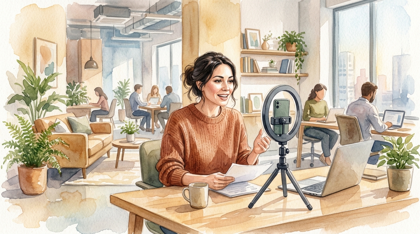 Marketer recording a short LinkedIn video in a modern office setting