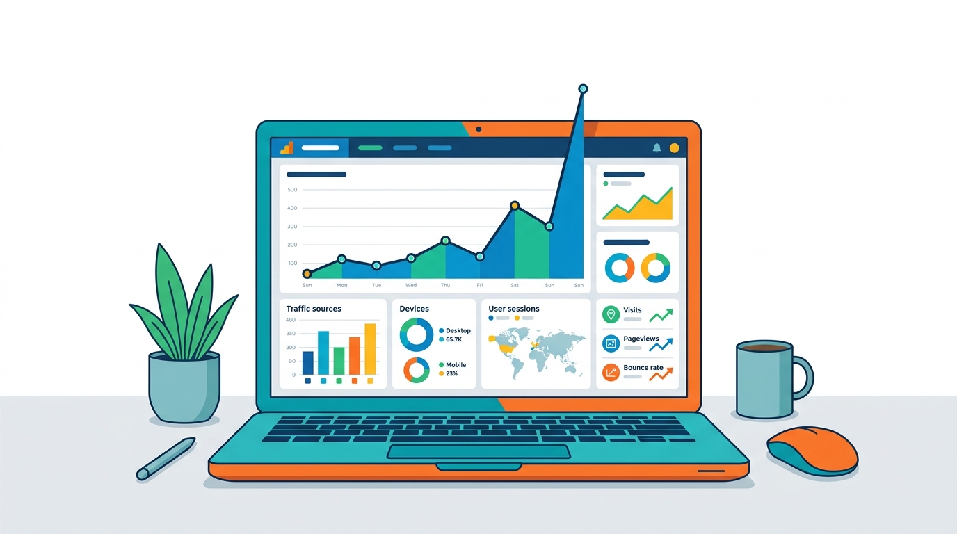 Laptop showing website analytics dashboard with traffic spikes highlighted