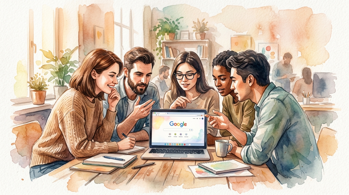 Marketing team crowded around a laptop screen showing Google SERP rankings