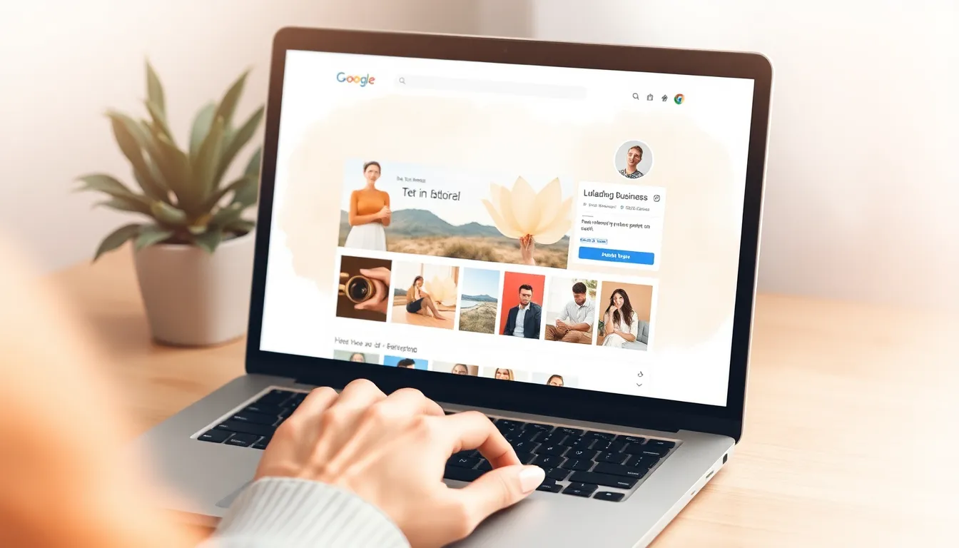 Person uploading photos to Google Business Profile on laptop