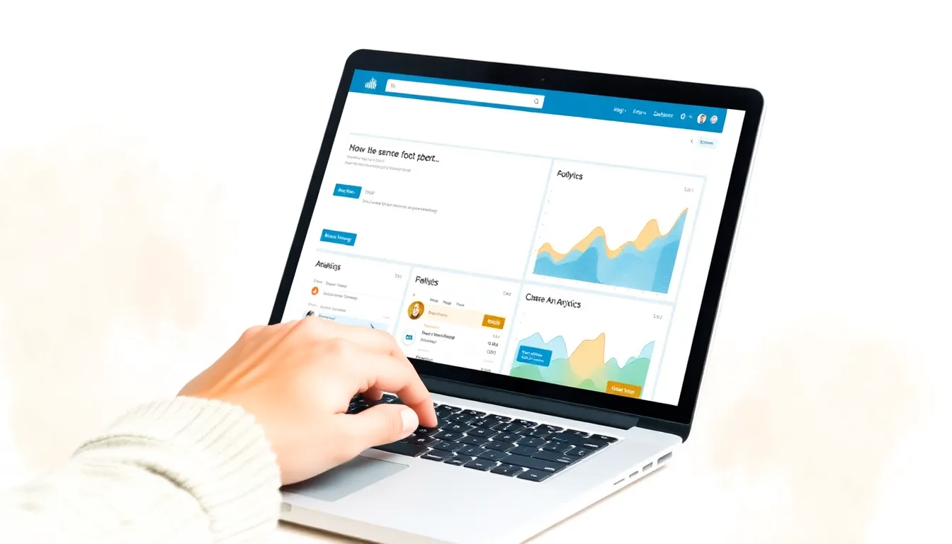 Person updating LinkedIn profile on laptop with analytics dashboard in background