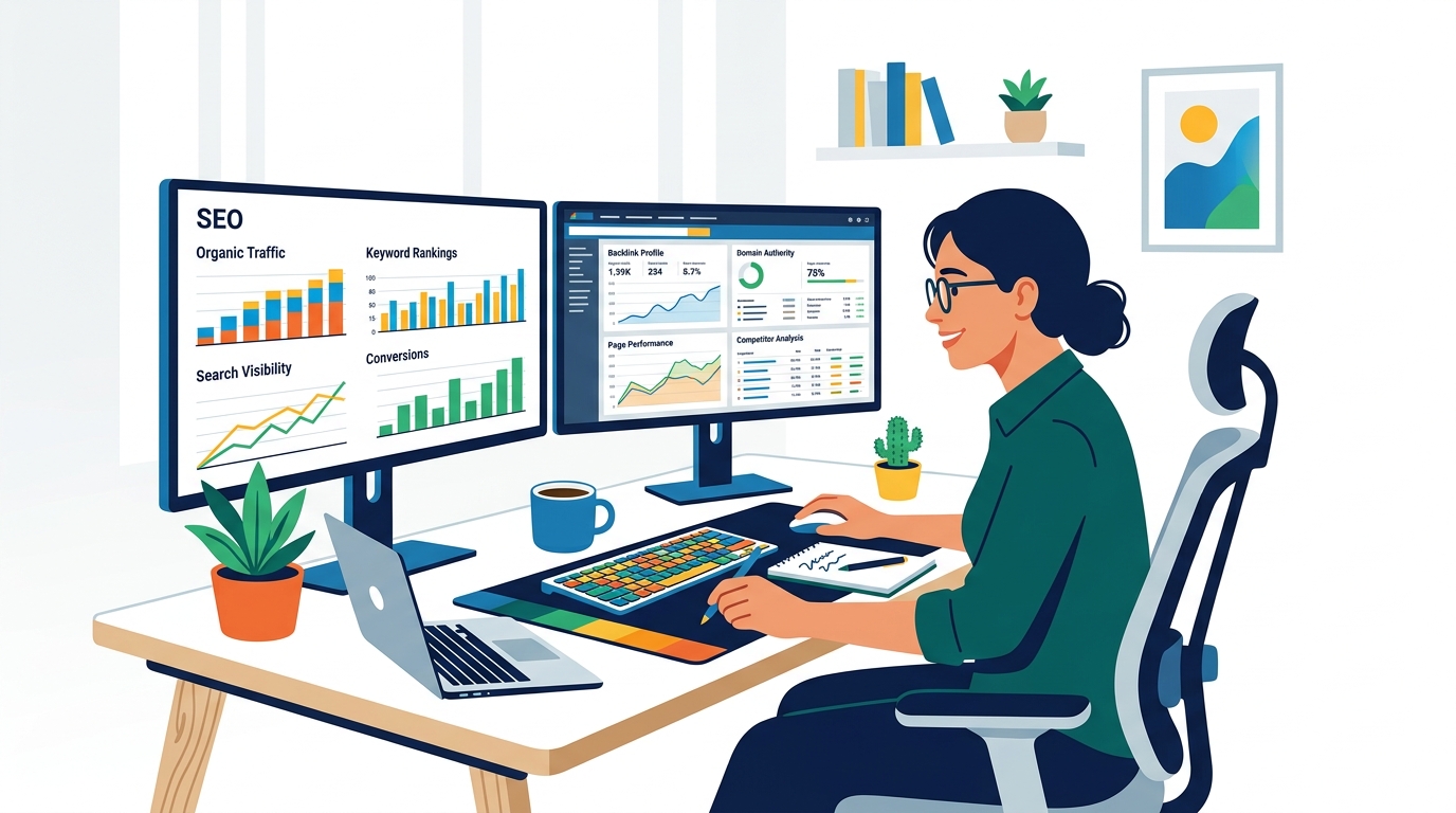 Person reviewing SEO dashboards on dual monitors in a bright office