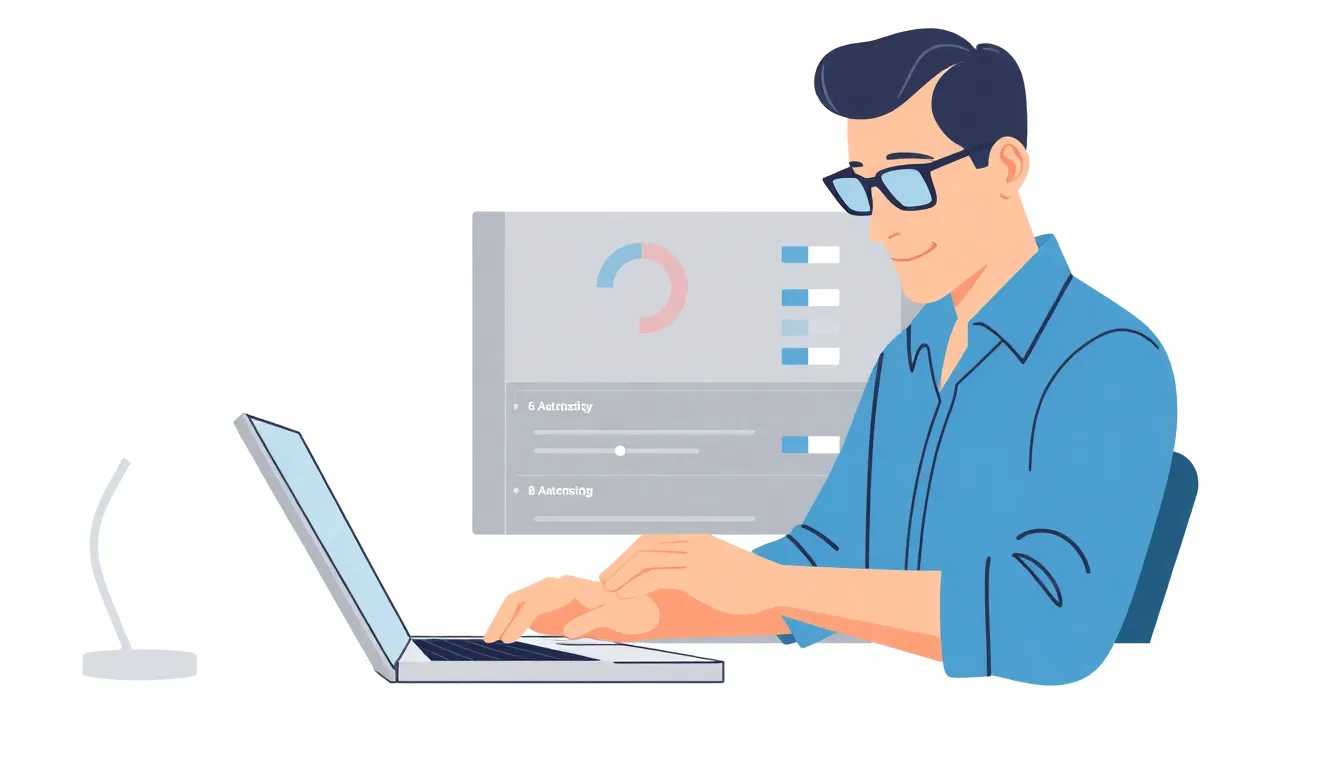 Marketer adjusting SEO automation settings on a laptop