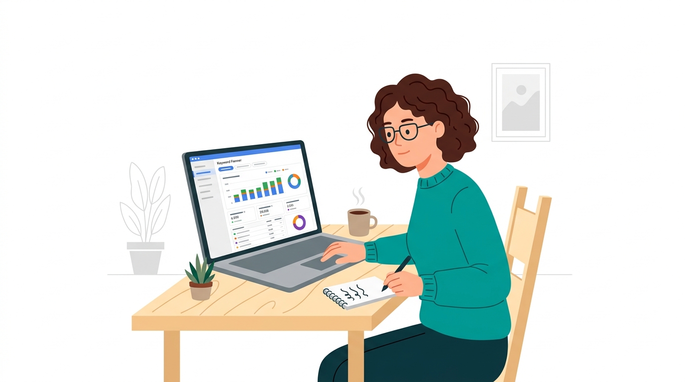 Person analyzing Google Keyword Planner dashboard on laptop at modern workspace