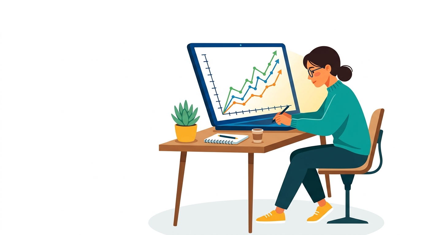 Person analyzing laptop screen with line graph showing SEO rankings