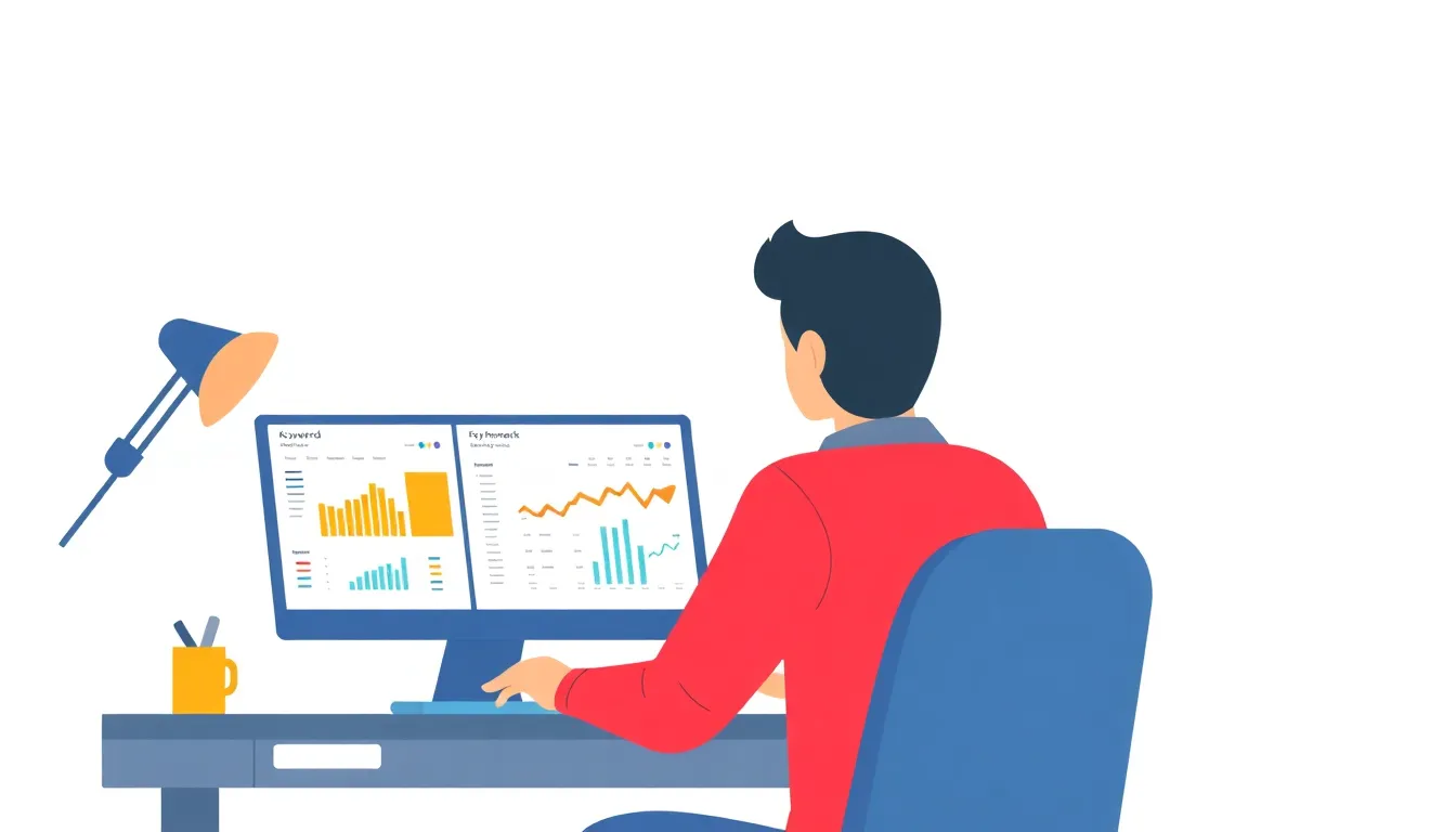 Marketer at desk comparing keyword research dashboards on multiple monitors