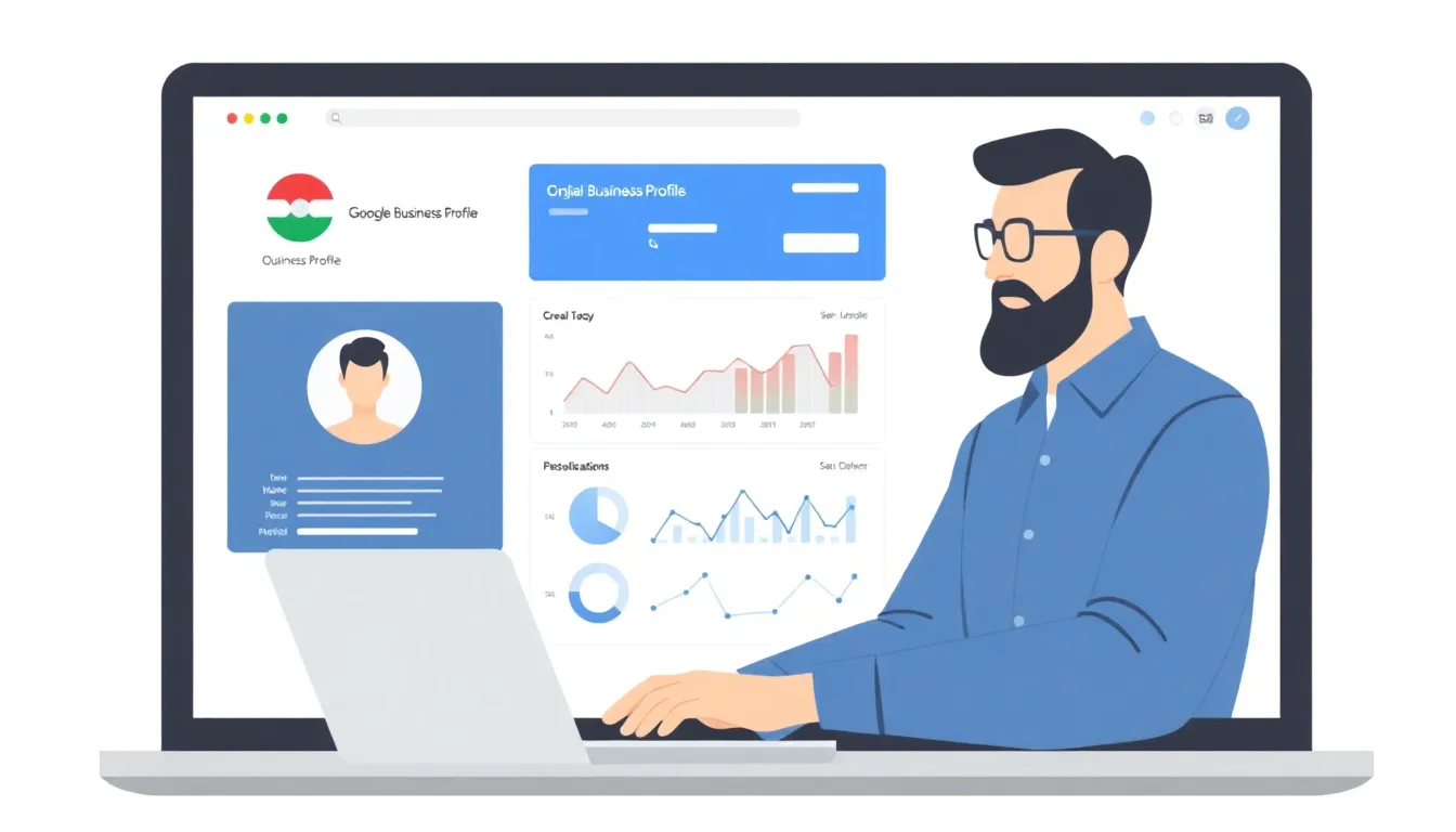 Man reviewing Google Business Profile analytics on laptop in a cozy cafe