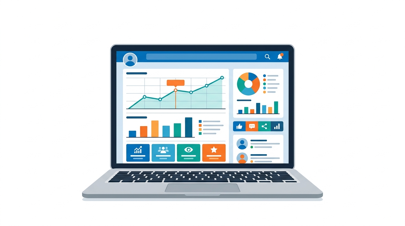 Laptop showing LinkedIn analytics dashboard with charts and engagement metrics
