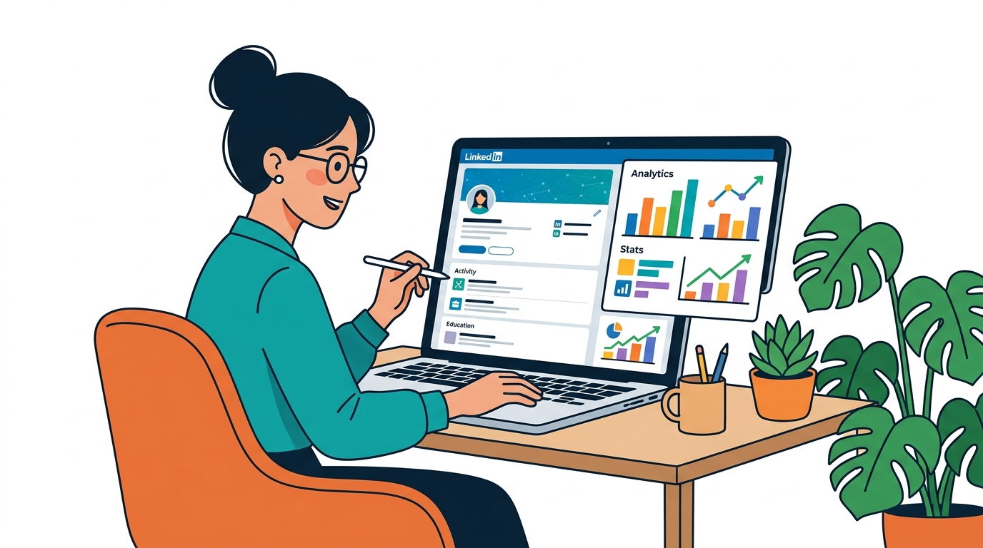 Person reviewing LinkedIn profile on laptop with analytics dashboard open