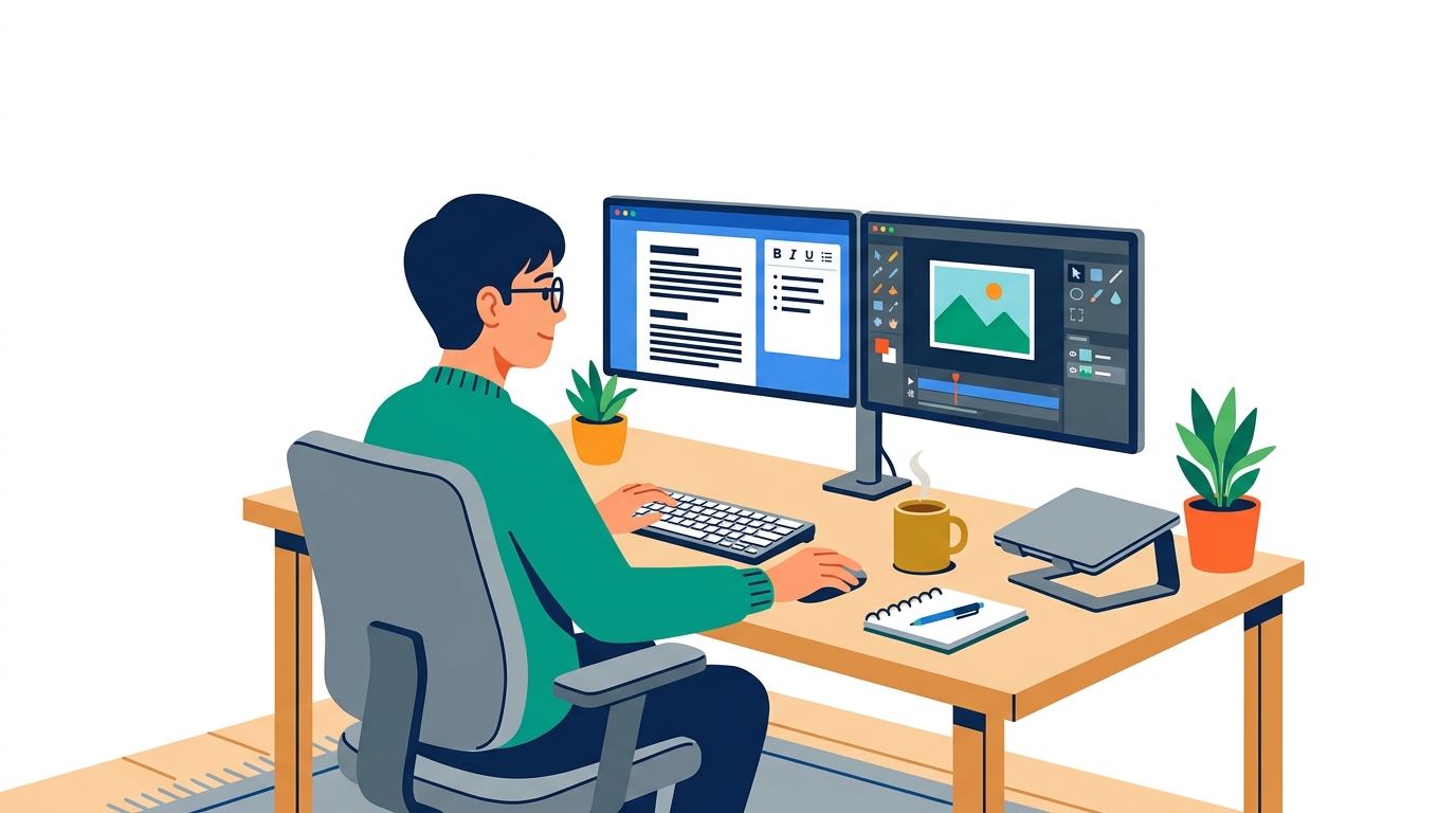 Person working at a desk with two monitors showing AI content tools and LinkedIn posts