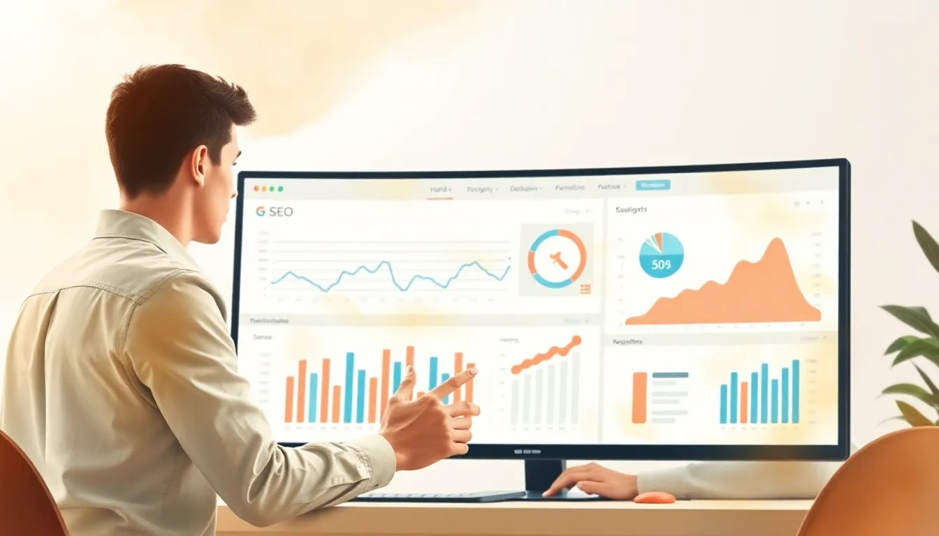 Young marketing team analyzing SEO dashboard on large monitor in open office